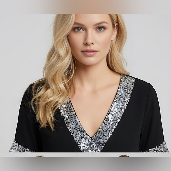 Sequin Black V Neck Blouse - Picture 2 of 9